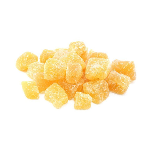 Cubes of dried pineapple or mango chunks coated in sugar.