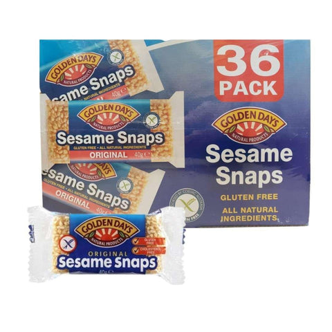 Box of Golden Days Sesame Snaps containing 36 individually wrapped gluten-free snack bars.