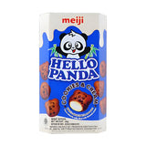 Box of Meiji Hello Panda cookies and cream flavored snacks featuring a cartoon panda mascot.