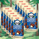 Boxes of ’Hello Panda’ cookies produced by Meiji, featuring a cartoon panda mascot and images of chocolate-filled cookie snacks.