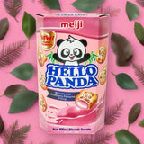 Box of Meiji Hello Panda strawberry-flavored biscuits with a cartoon panda mascot on pink packaging.