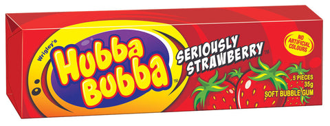 Pack of Hubba Bubba ’Seriously Strawberry’ flavored bubble gum in a red box with yellow and purple logo.