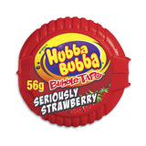 Circular red container of Hubba Bubba ’Seriously Strawberry’ bubble tape gum.