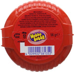 Red plastic container of Hubba Bubba chewing gum with product information and barcode.