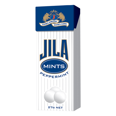 Box of Jila peppermint mints with a blue and white design featuring two elephants on the logo.