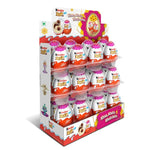 Display stand filled with Kinder Joy chocolate eggs.