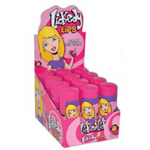 Display box containing pink lip balm tubes with cartoon character packaging.