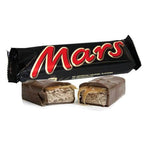 Mars chocolate bar with its wrapper and cross-section view showing nougat and caramel layers.