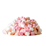 Pile of colorful marshmallows in white, pink, and peach hues.