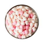 Bowl filled with pink and white mini marshmallows.