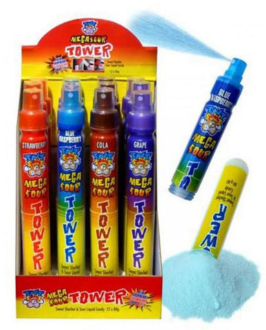 Colorful candy spray bottles labeled ’Mega Sour Tower’ in various flavors displayed in a product box.