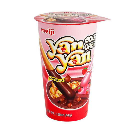 Meiji Yan Yan chocolate-flavored snack container with biscuit sticks and dipping cream.