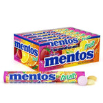 Box of fruit-flavored Mentos candy rolls with colorful packaging.