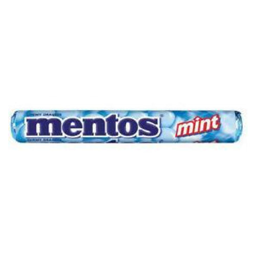 A roll of Mentos mint candy in blue packaging.