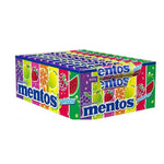 Colorful box of Mentos Rainbow candy rolls with fruit illustrations.