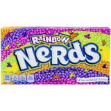 Box of Rainbow Nerds candy featuring colorful, textured packaging with cartoon characters.