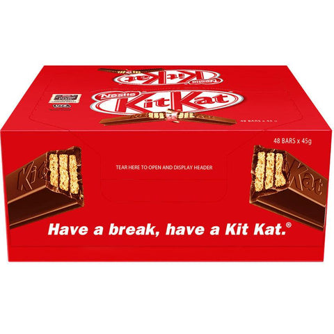 Box of Kit Kat chocolate bars with the brand’s logo and slogan prominently displayed.