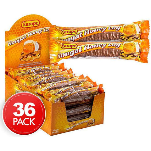 Nougat Honey Log candy bars in a 36-pack display box.