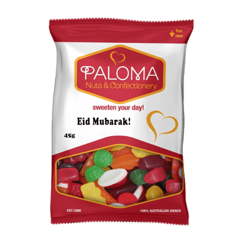 Bag of colorful candies and nuts labeled ’Paloma Nuts & Confectionery’ with an Eid Mubarak greeting.