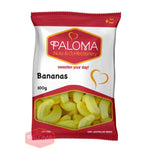 A bag of banana-shaped candy or confectionery from the Paloma brand.