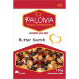 Package of Paloma brand Butter Scotch confectionery featuring a red and white design with a window showing the candy inside.