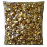 Clear plastic bag filled with gold-wrapped candies or chocolates.