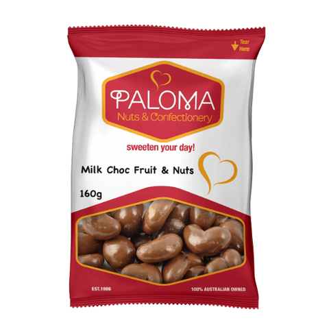 Bag of Paloma brand milk chocolate-covered fruit and nuts.