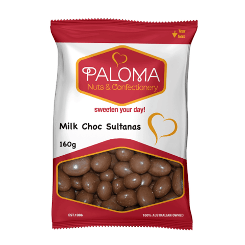 Bag of Paloma brand milk chocolate-covered sultanas weighing 160 grams.