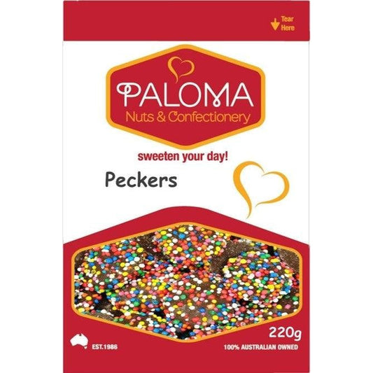 Colorful candy-coated chocolate buttons called ’Peckers’ in a Paloma brand package.