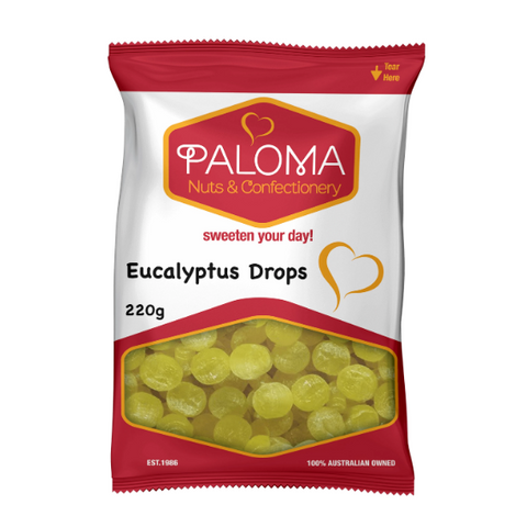 Bag of Paloma brand eucalyptus drops candy weighing 220 grams.