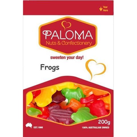 Colorful gummy candy shaped like frogs in a Paloma brand confectionery package.