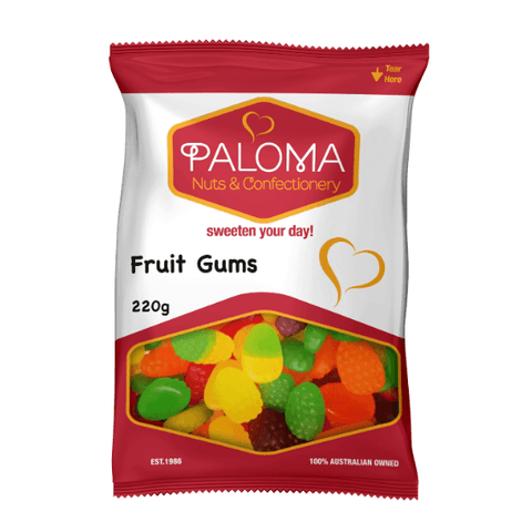 Bag of colorful fruit gum candies from the Paloma brand.