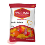 Bag of colorful fruit-shaped gummy candies labeled ’Paloma Fruit Salads’.