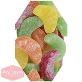 Colorful fruit-shaped gummy candies coated in sugar.