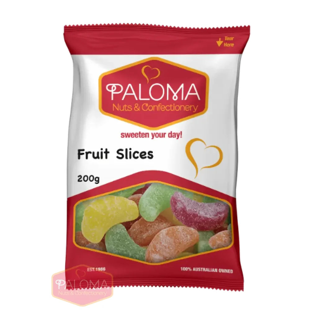 Bag of colorful fruit-shaped gummy candies labeled ’Paloma Fruit Slices’.