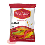 A bag of colorful gummy snake candies from the Paloma brand.