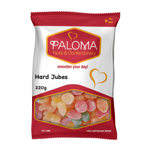 Bag of colorful hard candy called ’Paloma Hard Jubes’ from an Australian confectionery company.