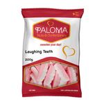 Bag of pink and white candy called ’Laughing Teeth’ from Paloma Nuts & Confectionery.