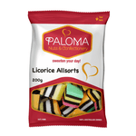 Bag of colorful licorice allsorts candy from the Paloma brand.