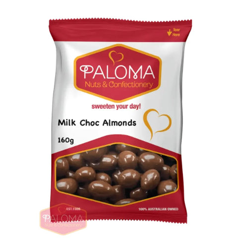 A package of Paloma brand milk chocolate covered almonds.