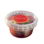 Clear plastic container filled with colorful candies or jellies, labeled ’Paloma’ on the lid.