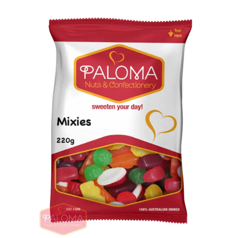 Bag of colorful mixed candies labeled ’Paloma Mixies’ weighing 220g.