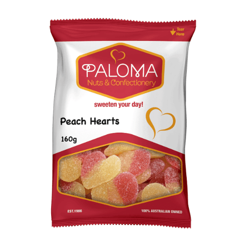 Bag of Paloma brand Peach Hearts candy weighing 160 grams.