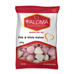 Bag of pink and white heart-shaped marshmallows from the Paloma brand.