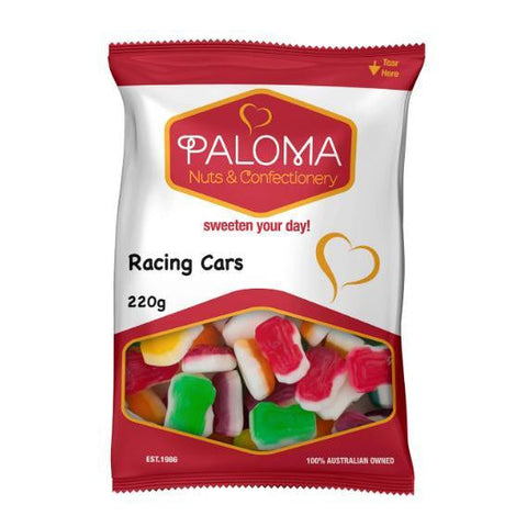 A bag of Paloma brand ’Racing Cars’ candy confectionery weighing 220g.