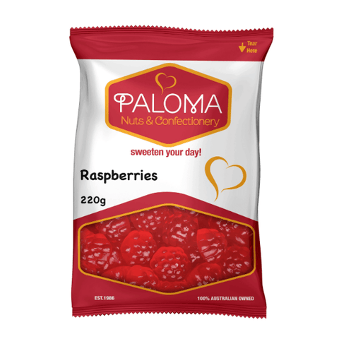 Bag of Paloma brand raspberry-flavored confectionery or candy.