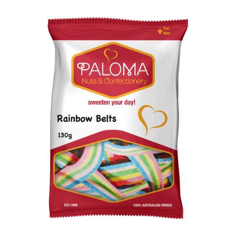 Bag of colorful rainbow belt candies from Paloma Nuts & Confectionery.