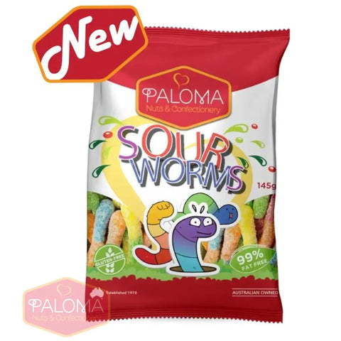 Colorful package of ’Sour Worms’ candy from the Paloma brand, featuring a cartoon worm character.