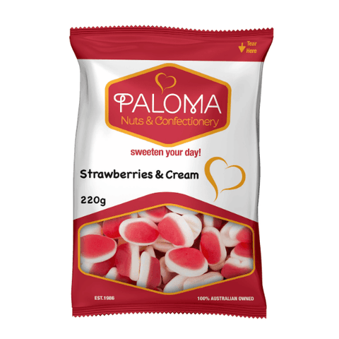 Bag of Paloma brand strawberries and cream flavored confectionery.