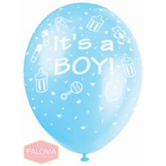 Light blue balloon with ’It’s a BOY!’ text and baby-related icons printed on it.